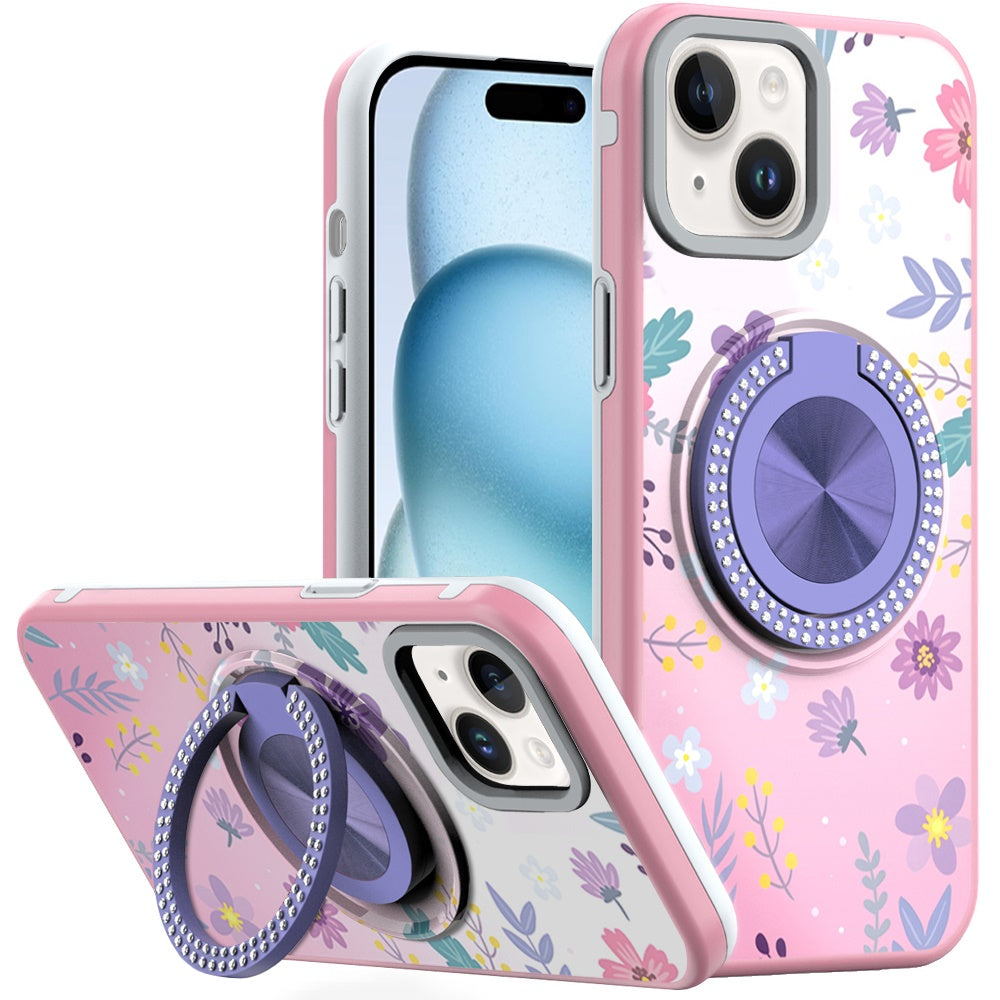 For iPhone 15 Case Printed Design Magnetic Bling Ring Stand + 2 Tempered Glass