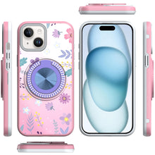 For iPhone 15 Case Printed Design Magnetic Bling Ring Stand + 2 Tempered Glass