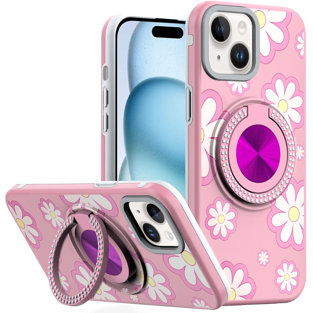 For iPhone 15 Case Printed Design Magnetic Bling Ring Stand + 2 Tempered Glass