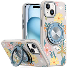 For iPhone 15 Case Printed Design Magnetic Bling Ring Stand + 2 Tempered Glass