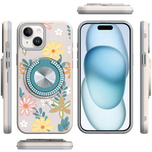 For iPhone 15 Case Printed Design Magnetic Bling Ring Stand + 2 Tempered Glass