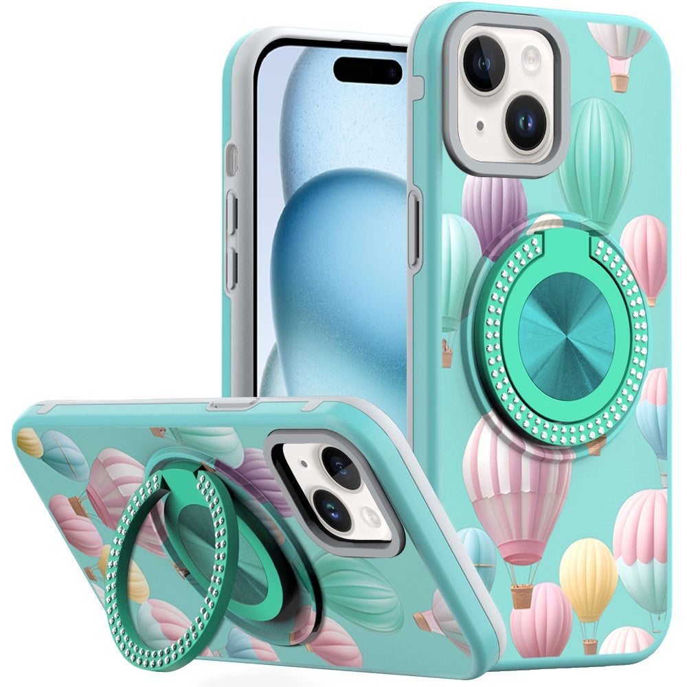 For iPhone 15 Case Printed Design Magnetic Bling Ring Stand + 2 Tempered Glass