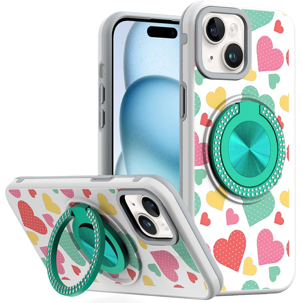 For iPhone 15 Case Printed Design with Bling 360 Stand Cover + 2 Tempered Glass