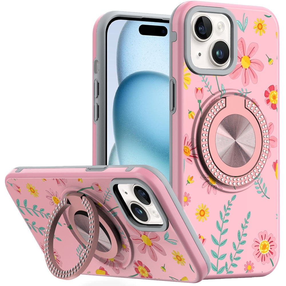 For iPhone 15 Case Printed Design with Bling 360 Stand Cover + 2 Tempered Glass