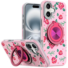 For iPhone 16 6.1inch Case Printed Magnetic Bling Ring Stand + Tempered Glass