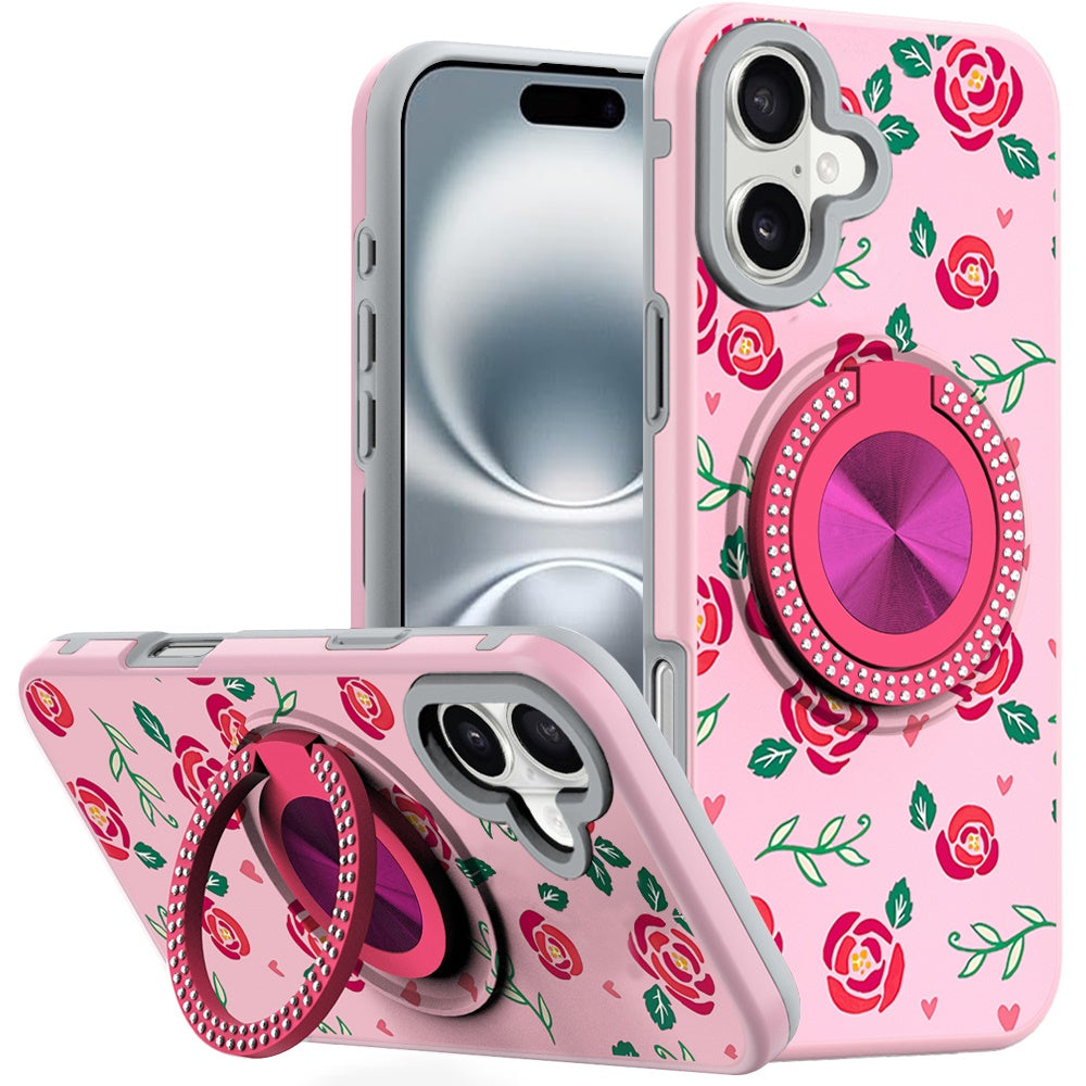 For iPhone 16 6.1inch Case Printed Magnetic Bling Ring Stand + Tempered Glass