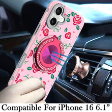 For iPhone 16 6.1inch Case Printed Magnetic Bling Ring Stand + Tempered Glass