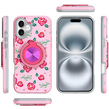 For iPhone 16 6.1inch Case Printed Magnetic Bling Ring Stand + Tempered Glass