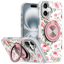 For iPhone 16 6.1inch Case Printed Magnetic Bling Ring Stand + Tempered Glass