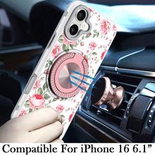 For iPhone 16 6.1inch Case Printed Magnetic Bling Ring Stand + Tempered Glass