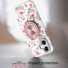 For iPhone 16 6.1inch Case Printed Magnetic Bling Ring Stand + Tempered Glass