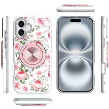 For iPhone 16 6.1inch Case Printed Magnetic Bling Ring Stand + Tempered Glass