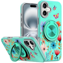 For iPhone 16 6.1inch Case Printed Magnetic Bling Ring Stand + Tempered Glass