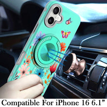 For iPhone 16 6.1inch Case Printed Magnetic Bling Ring Stand + Tempered Glass
