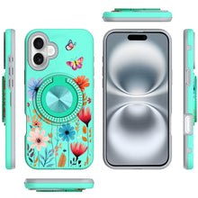 For iPhone 16 6.1inch Case Printed Magnetic Bling Ring Stand + Tempered Glass
