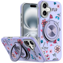 For iPhone 16 6.1inch Case Printed Magnetic Bling Ring Stand + Tempered Glass