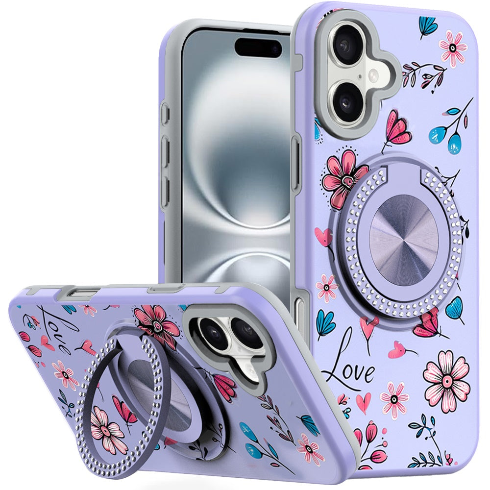 For iPhone 16 6.1inch Case Printed Magnetic Bling Ring Stand + Tempered Glass