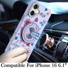 For iPhone 16 6.1inch Case Printed Magnetic Bling Ring Stand + Tempered Glass