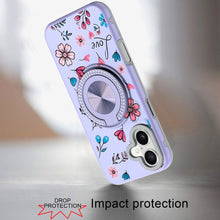 For iPhone 16 6.1inch Case Printed Magnetic Bling Ring Stand + Tempered Glass