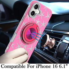 For iPhone 16 6.1inch Case Printed Magnetic Bling Ring Stand + Tempered Glass
