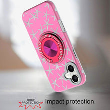 For iPhone 16 6.1inch Case Printed Magnetic Bling Ring Stand + Tempered Glass