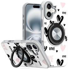 For iPhone 16 6.1inch Case Printed Magnetic Bling Ring Stand + Tempered Glass