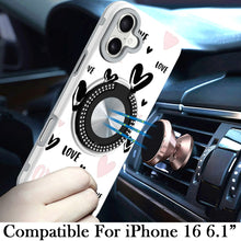 For iPhone 16 6.1inch Case Printed Magnetic Bling Ring Stand + Tempered Glass