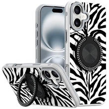 For iPhone 16 6.1inch Case Printed Magnetic Bling Ring Stand + Tempered Glass