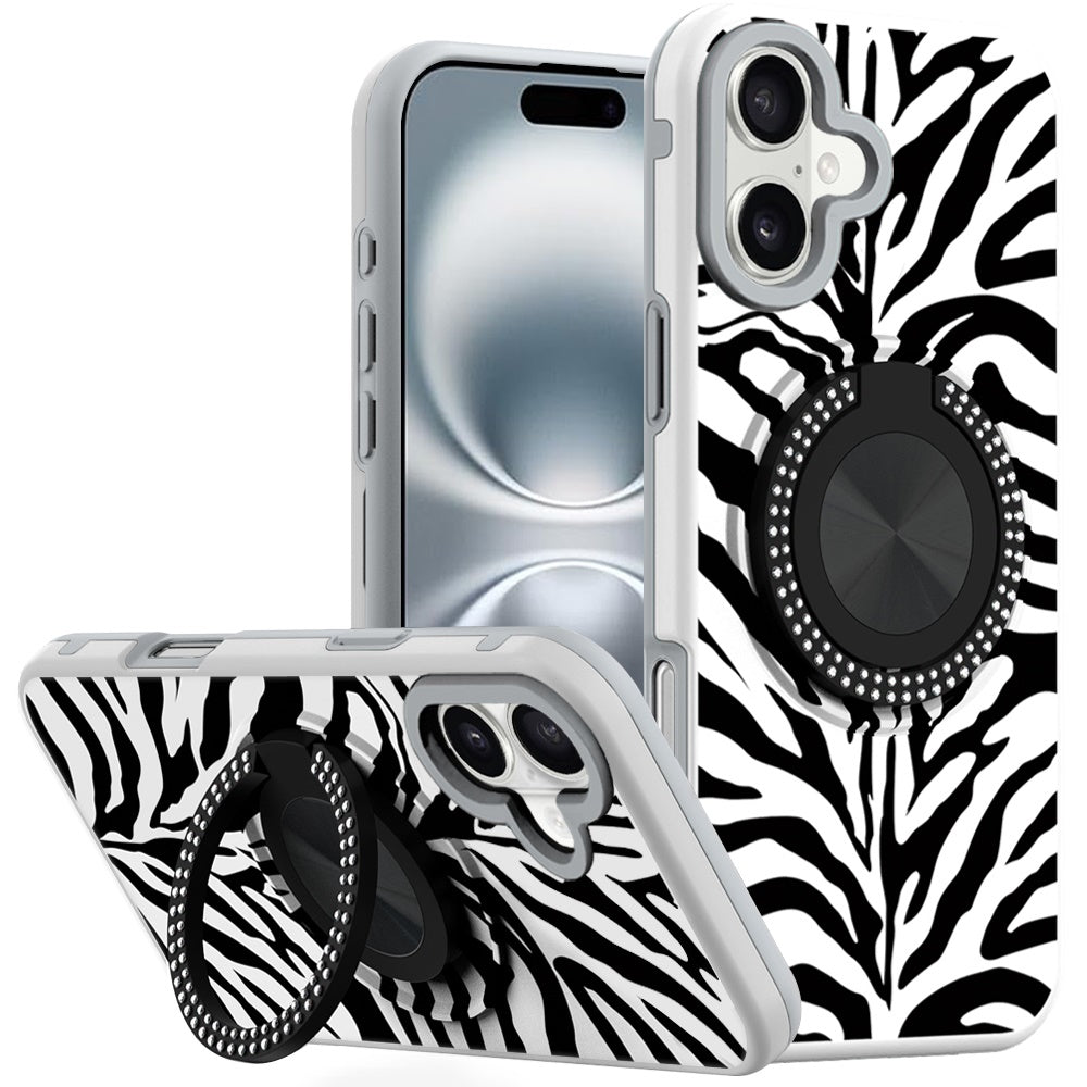 For iPhone 16 6.1inch Case Printed Magnetic Bling Ring Stand + Tempered Glass