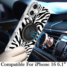 For iPhone 16 6.1inch Case Printed Magnetic Bling Ring Stand + Tempered Glass