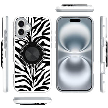 For iPhone 16 6.1inch Case Printed Magnetic Bling Ring Stand + Tempered Glass
