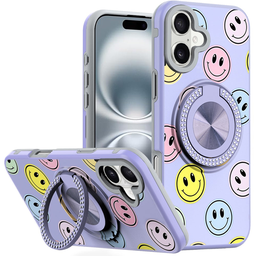 For iPhone 16 6.1inch Case Printed Magnetic Bling Ring Stand + Tempered Glass