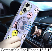 For iPhone 16 6.1inch Case Printed Magnetic Bling Ring Stand + Tempered Glass