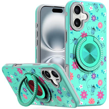 For iPhone 16 6.1inch Case Printed Magnetic Bling Ring Stand + Tempered Glass