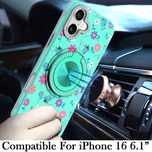For iPhone 16 6.1inch Case Printed Magnetic Bling Ring Stand + Tempered Glass