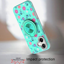 For iPhone 16 6.1inch Case Printed Magnetic Bling Ring Stand + Tempered Glass