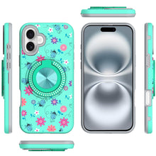 For iPhone 16 6.1inch Case Printed Magnetic Bling Ring Stand + Tempered Glass