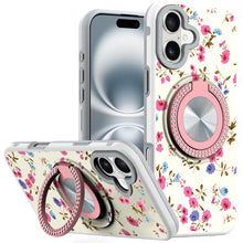 For iPhone 16 6.1inch Case Printed Magnetic Bling Ring Stand + Tempered Glass