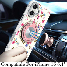 For iPhone 16 6.1inch Case Printed Magnetic Bling Ring Stand + Tempered Glass