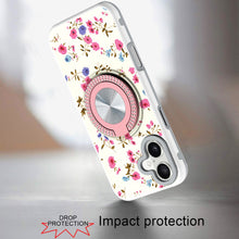 For iPhone 16 6.1inch Case Printed Magnetic Bling Ring Stand + Tempered Glass