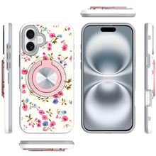 For iPhone 16 6.1inch Case Printed Magnetic Bling Ring Stand + Tempered Glass