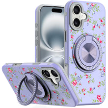 For iPhone 16 6.1inch Case Printed Magnetic Bling Ring Stand + Tempered Glass