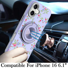 For iPhone 16 6.1inch Case Printed Magnetic Bling Ring Stand + Tempered Glass