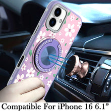For iPhone 16 6.1inch Case Printed Magnetic Bling Ring Stand + Tempered Glass
