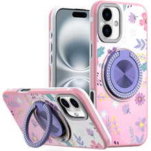 For iPhone 16 6.1inch Case Printed Magnetic Bling Ring Stand + Tempered Glass