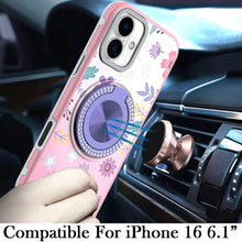 For iPhone 16 6.1inch Case Printed Magnetic Bling Ring Stand + Tempered Glass
