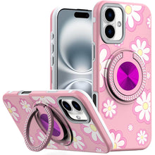 For iPhone 16 6.1inch Case Printed Magnetic Bling Ring Stand + Tempered Glass