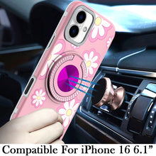 For iPhone 16 6.1inch Case Printed Magnetic Bling Ring Stand + Tempered Glass