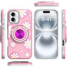 For iPhone 16 6.1inch Case Printed Magnetic Bling Ring Stand + Tempered Glass