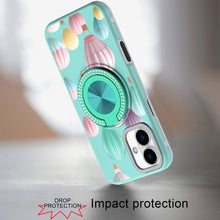 For iPhone 16 6.1inch Case Printed Magnetic Bling Ring Stand + Tempered Glass